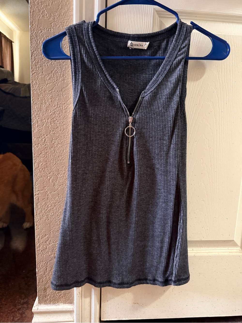 Ounaya Ribbed Zip-Front Tank Top in Charcoal